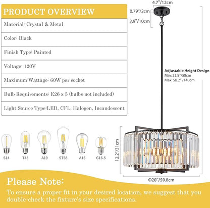 Black Crystal Chandelier Modern Drum Pendant Lighting Fixture for Dining Room, 20" Farmhouse Round 5-Light for Living Room Kitchen Island Bedroom Black