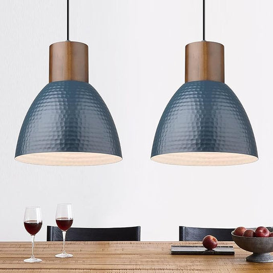 ELYONA 2 Pack Modern Hammered Pendant Lights 10.2” Blue Solid Wood Hanging Lamp, Adjustable Height, Industrial Metal Pendant Lighting for for Farmhouse, Kitchen Island, Dining Room,Bedroom,Bar,Office