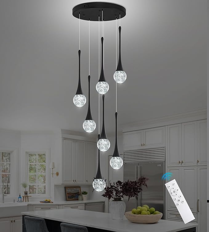 Modern Black Crystal Chandelier for Kitchen Island 7-Lights, Luxury Spiral Dimmable LED Bubble Raindrop Pendant Lighting Fixture for Dining Room Foyer Entryway Bedroom