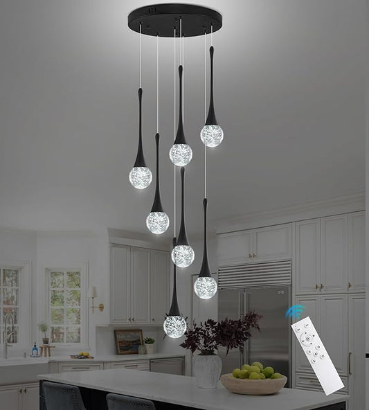 Modern Black Crystal Chandelier for Kitchen Island 7-Lights, Luxury Spiral Dimmable LED Bubble Raindrop Pendant Lighting Fixture for Dining Room Foyer Entryway Bedroom