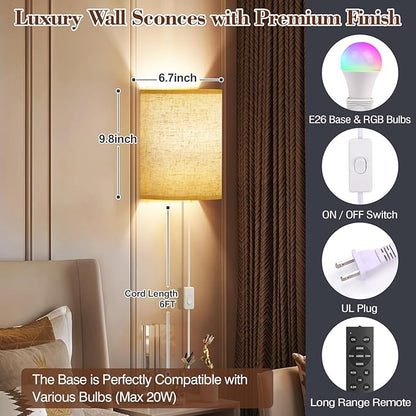 Plug in Wall Sconces Set of Two: Wall Lights with 7 RGB Colors - 3 Color Temperature Wall Mount Lamps with Remote - Fabric Linen Wall Sconc for Bedroom Living Room & Hallway- Indoor Corded Wall Sconce