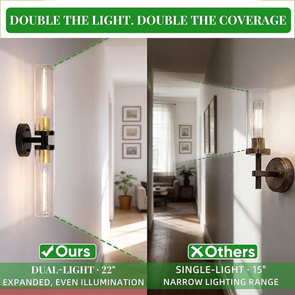 Black and Gold Wall Sconces Set of 2, Hardwired Bathroom Light Fixtures, Modern Bathroom Vanity Wall Lighting with Clear Glass Shade, Farmhouse Wall Sconce for Mirror Bedroom Hallway, E26 Base