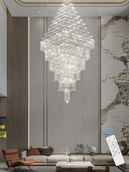 Flashing God D48''X H120'' Large Crystal Chandeliers for High Ceiling Square Crystal Raindrop Chandelier, Foyer Long Lighting Fixtures for Foyer Entryway Villa Silver ﻿