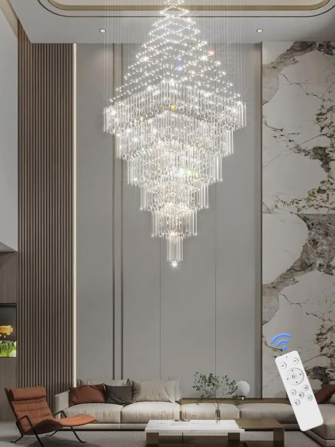 Flashing God D48''X H120'' Extra Large Chandelier for High Ceiling Modern Raindrop Chandelier Crystal Flush Mount Ceiling Light for Foyer Living Room Staircaes Entrance Gold ﻿