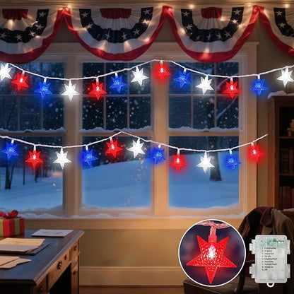 LAMPHOME Red White Blue Star LED String Lights, 20 LED Star Fairy Lights with Clear Wire, 3AA Waterproof 8 Modes, Decorative Lights for 4th of July Patriotic Christmas Easter Tree Party