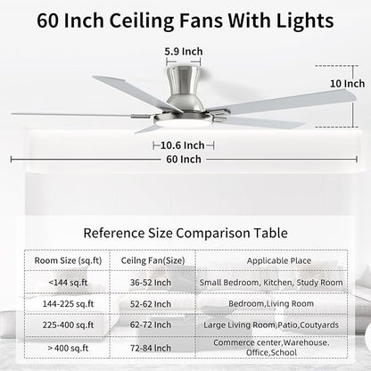 60 Inch Brushed Nickel Ceiling Fans with Lights and Remote, Flush Mount Low Profile 5 Blades Ceiling Fan with 10 Inch Lighting Fixture, Quiet Reversible DC Motor for Living Room, Bedroom and Patio