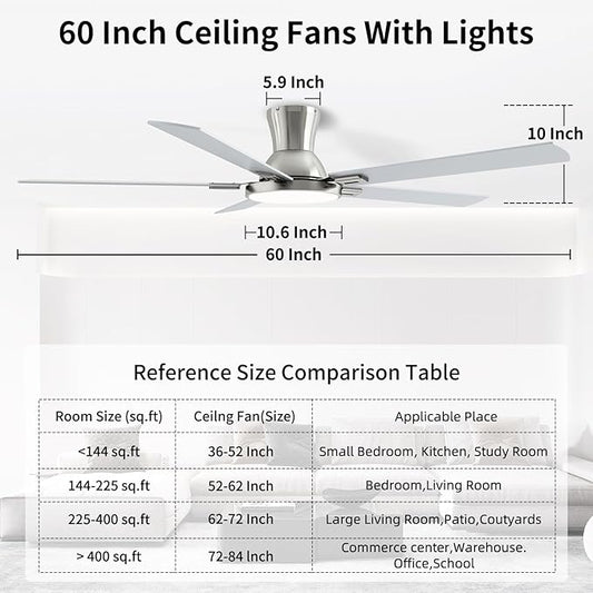 60 Inch Brushed Nickel Ceiling Fans with Lights and Remote, Flush Mount Low Profile 5 Blades Ceiling Fan with 10 Inch Lighting Fixture, Quiet Reversible DC Motor for Living Room, Bedroom and Patio