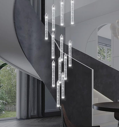 12-Lights Modern Chandeliers for Entryway High Ceiling Chandelier LED Dimmable Long Lights Fixture Pendants Lighting Crystal Chandeliers for Hallway Foyer Living Room Silver Finished Lighting