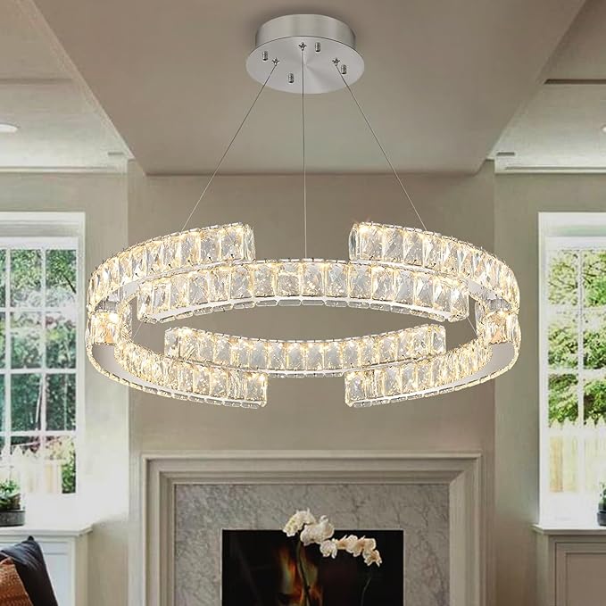 D16'' Modern Crystal Ring Chandeliers for Living Room Dinning Room Crystal Pendant Light Dimmable 3000k-6000k