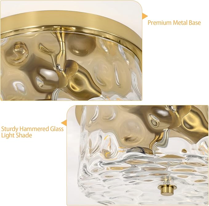 LamQee 11.8" Flush Mount Ceiling Light with Clear Hammered Glass, Brushed Gold Hallway Light Fixtures Ceiling Mount for Bathroom, 2-Lights Farmhouse Close to Ceiling Light Kitchen Foyer Bedroom