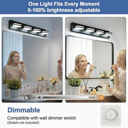 360° Rotate LED Dimmable Bathroom Vanity Light Fixtures, 1600LM Acrylic Matte Black Vanity Lights for Bathroom, Modern Wall Lighting Fixtures Over Mirror Kitchen Living (Natural White Light 5000K)