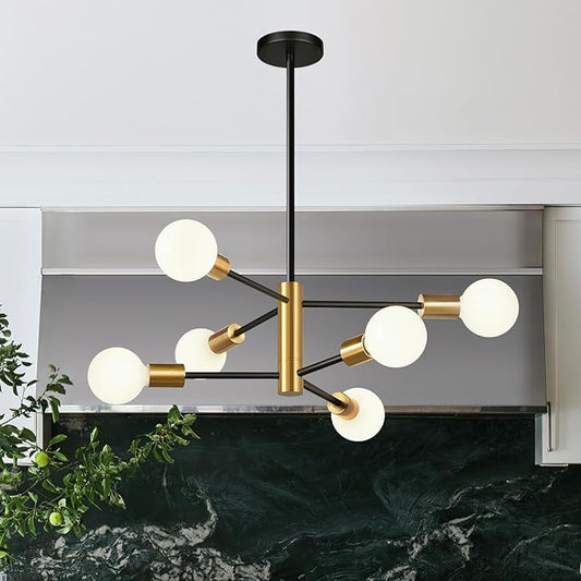 30" Chandelier Dining Room Light Fixture, 6-Light Modern Sputnik Chandeliers Brushed Gold and Black Mid Century Chandelier Over Table, Height Adjustable Chandeliers for Dining Room Living Room Kitchen