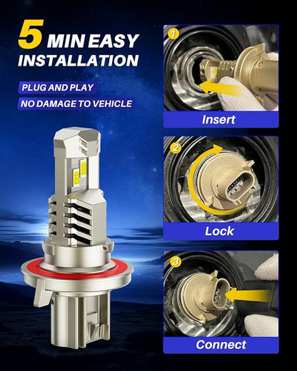 AUTOONE Upgraded H13/9008 Light Bulbs, 26,000LM White 800%, 1:1 Mini Size No Adapter Required H13 bulb, Plug & Play Quick Installation, 2PCS