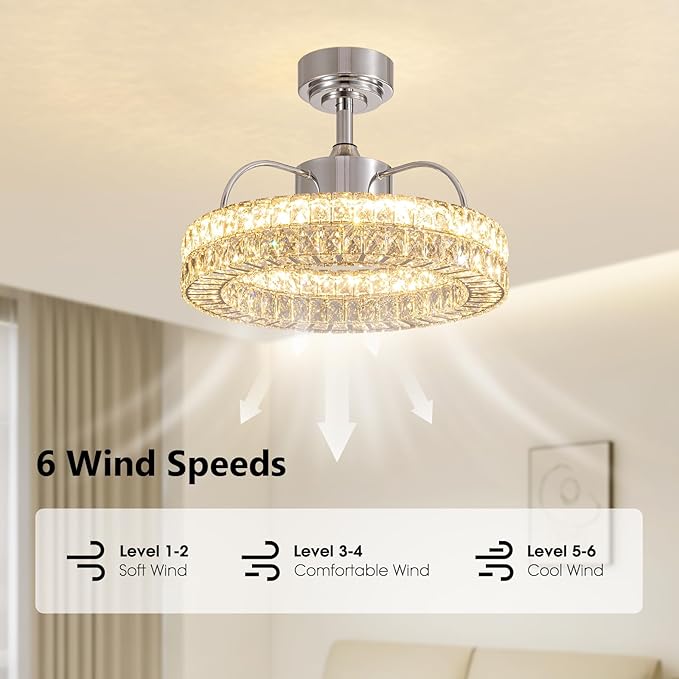 LUDOMIDE Crystal Ceiling Fans with Lights, 21" Fandelier Ceiling Fan with Light and Remote 6-Speed Wind, Dimmable LED, Chandelier Ceiling Fan for Bedroom Dining Room Living Room