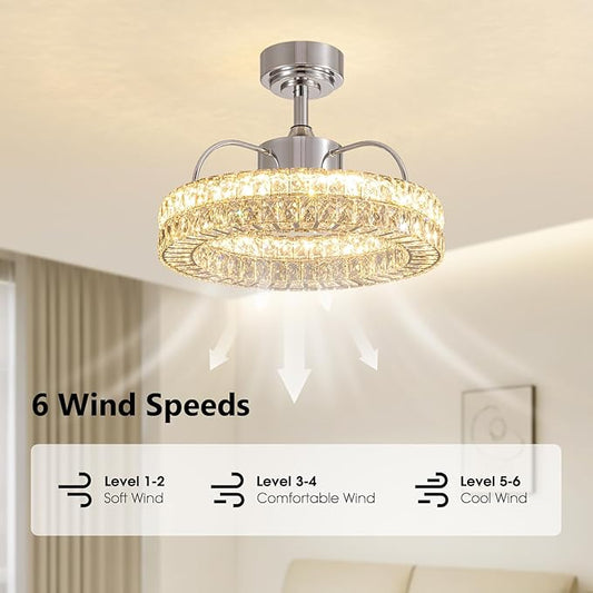 LUDOMIDE Crystal Ceiling Fans with Lights, 21" Fandelier Ceiling Fan with Light and Remote 6-Speed Wind, Dimmable LED, Chandelier Ceiling Fan for Bedroom Dining Room Living Room