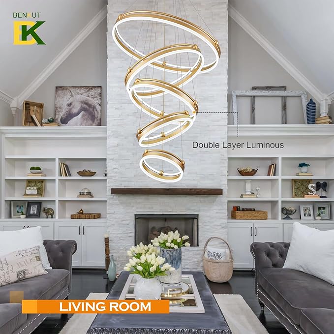 Benkut 5-Rings Modern LED Chandelier Gold Dimmable Large High Ceiling Chandeliers Foyer, Remote Pendant Lighting for Foyer Entryway Dining Room Living Room Staircase(10-Ring Lighting, D30in)