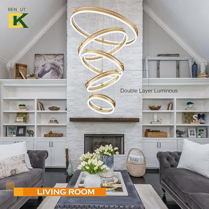 Benkut 5-Rings Modern LED Chandelier Gold Dimmable Large High Ceiling Chandeliers Foyer, Remote Pendant Lighting for Foyer Entryway Dining Room Living Room Staircase(10-Ring Lighting, D30in)