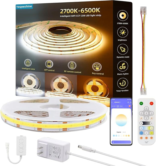 COB LED Strip Lights, 16.4ft DC 12V Tunable White 2700K- 6500K COB LED Strip Light Work with Alexa Google, RF Remote and App Control Sync Music LED Strip for Living Room, Shelf, Cabinet