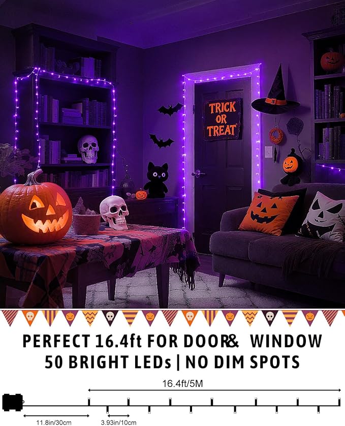 Halloween String Lights Battery Operated, Purple Fairy Lights with Timer Waterproof 16.4ft 50 LED Halloween Decorations for Outdoor Indoor Patio Party Garden Yard Decor 2 Packs
