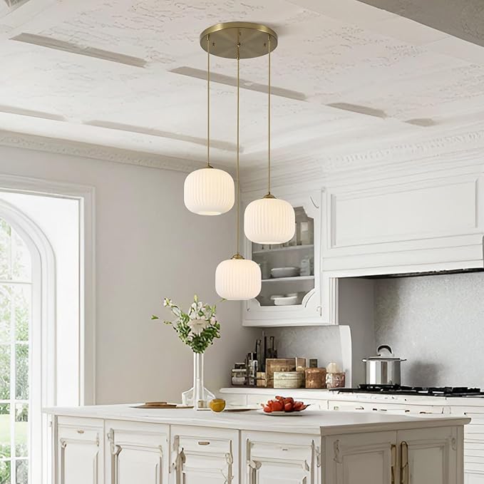 Mid Century Modern Chandelier 3-Light Gold Globe Cluster Chandelier Antique Brass Pendant Lights Kitchen Island 3 Light Hanging Light Fixtures Ceiling Mount Dining Room Pendant Lighting