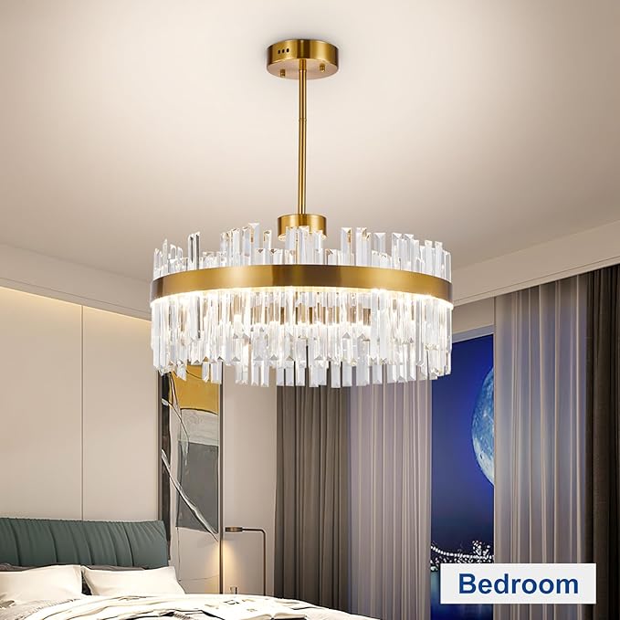 Depuley Modern Gold Crystal Chandeliers: 23.6" Dimmable LED Chandeliers Light Fixture with Remote Control - 3 Colors Contemporary Pendant Ceiling Light for Dining Living Room Kitchen Island Foyer
