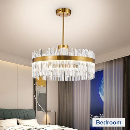 Depuley Modern Gold Crystal Chandeliers: 23.6" Dimmable LED Chandeliers Light Fixture with Remote Control - 3 Colors Contemporary Pendant Ceiling Light for Dining Living Room Kitchen Island Foyer