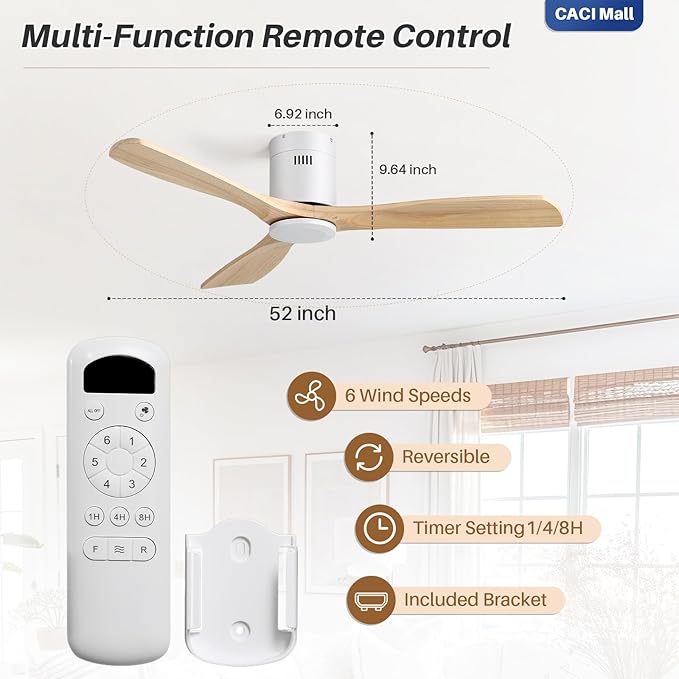 CACI Mall 52 Inch Solid Wood Ceiling Fan without Light, Flush Mount, 3 Blade, Low Profile, Modern, Outdoor/Indoor Ceiling Fans No Light for Bedroom/Farmhouse/Patio