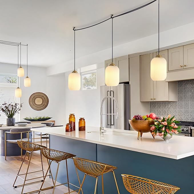 Glass Cylinder Pendant Light Antique Brass Plug in Hanging Light Fixture Vintage Gold Milk Glass Pendant Light Mid Century Modern Plug in Hanging Light