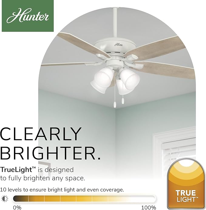 Hunter 52 inch Indoor Ceiling Fan with LED Lights - White Ceiling Fan with Pull Chain, For Bedroom or Living Room, Standard Mount, No Remote, 5 Blades, Includes Bulbs - Amberlin 53217, Fresh White