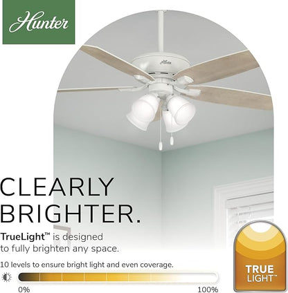 Hunter 52 inch Indoor Ceiling Fan with LED Lights - White Ceiling Fan with Pull Chain, For Bedroom or Living Room, Standard Mount, No Remote, 5 Blades, Includes Bulbs - Amberlin 53217, Fresh White