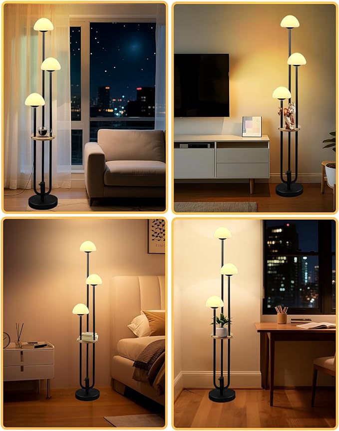 Black Dimmable Floor Lamp with Table, Modern Floor Lamps with Mushroom Shades for Living Room, 3000K Warm White Tall Standing Lamp with Bulbs& 5Lbs Heavy Base for Bedroom/Office