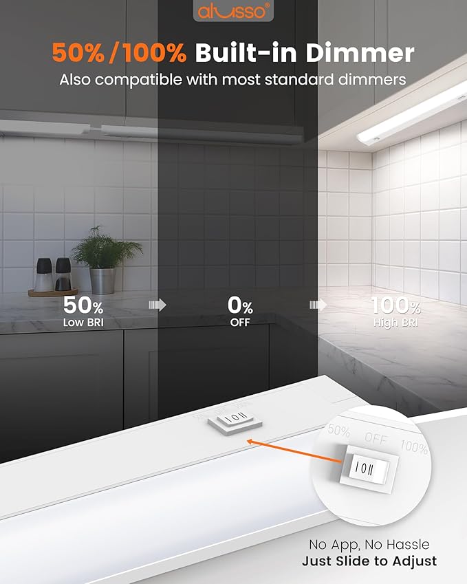 ALUSSO 24 Inch LED Under Cabinet Lighting Hardwired & Plug in 120V, 5CCT Color Selectable 2700K-5000K Dimmable 15W 1350LM High Brightness, Strip Linkable Under Counter Lights for Kitchen Sink, 2 Pack