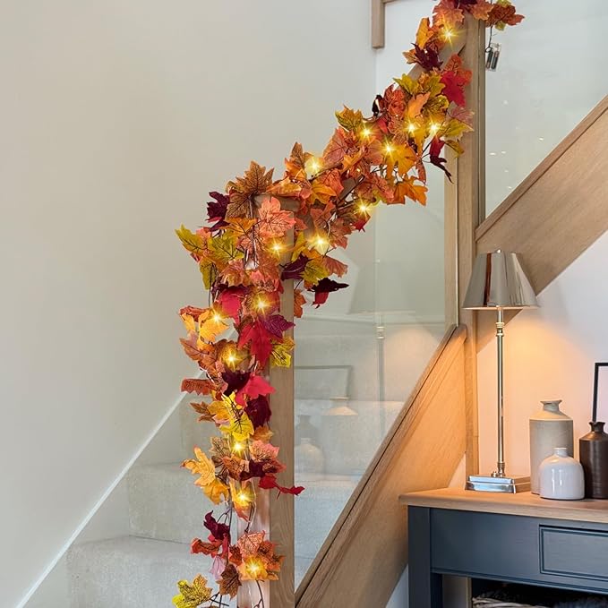 CQURE 6 Pack Fall Leaf Garland with Lights,Fall Decor Halloween Lights Artificial Maple Leaves Autumn Garland Hanging Vines Thanksgiving Decor for Home Christmas Autumn