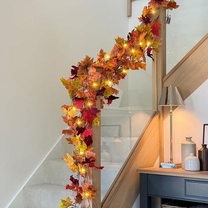 CQURE 6 Pack Fall Leaf Garland with Lights,Fall Decor Halloween Lights Artificial Maple Leaves Autumn Garland Hanging Vines Thanksgiving Decor for Home Christmas Autumn