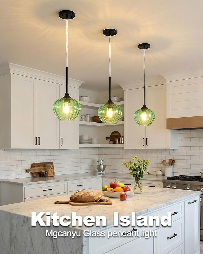 2-Pack Green Pendant Lights Kitchen Island, 7" Vintage Glass Pendant Lighting Fixtures Mini Hanging Light for Kitchen, Dining Room, Bathroom, Bedroom