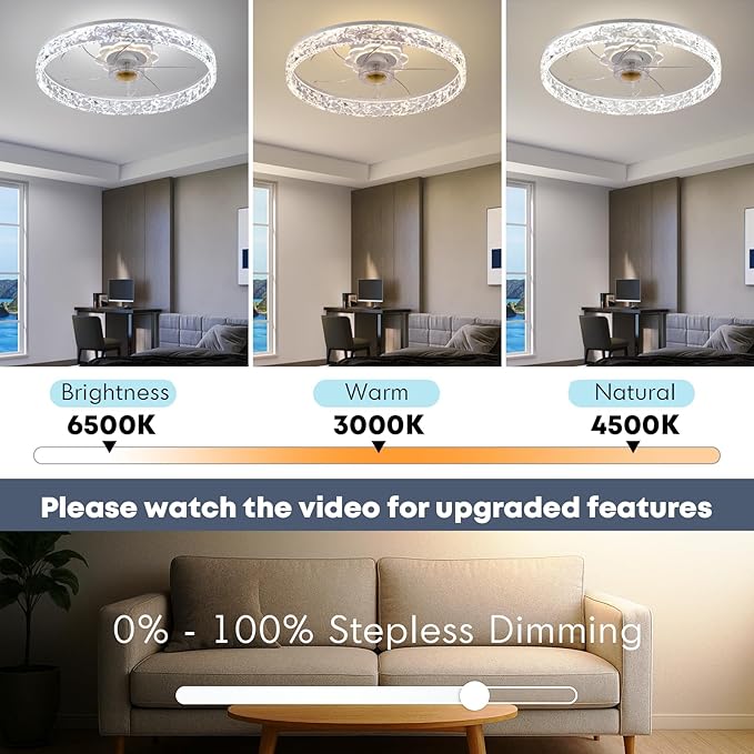 Fszdorj 20'' Ceiling Fan with Light, Upgraded Low Profile Fan, Flush Mount Ceiling Fan, 6 Speeds, Dimmable LED, App & Remote Control, Quiet DC Motor, for Bedroom, Living Room, F098 White