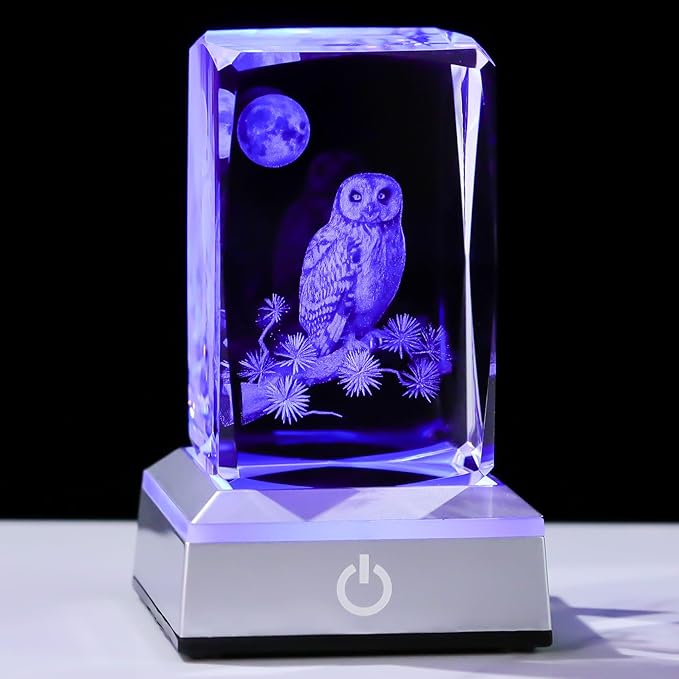 3D Laser Etched Crystal Owl Night Light - Color-Changing LED Base, K9 Crystal Paperweight & Home Decor Gift for Owl Lovers - 3.15inch