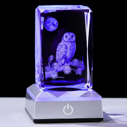 3D Laser Etched Crystal Owl Night Light - Color-Changing LED Base, K9 Crystal Paperweight & Home Decor Gift for Owl Lovers - 3.15inch
