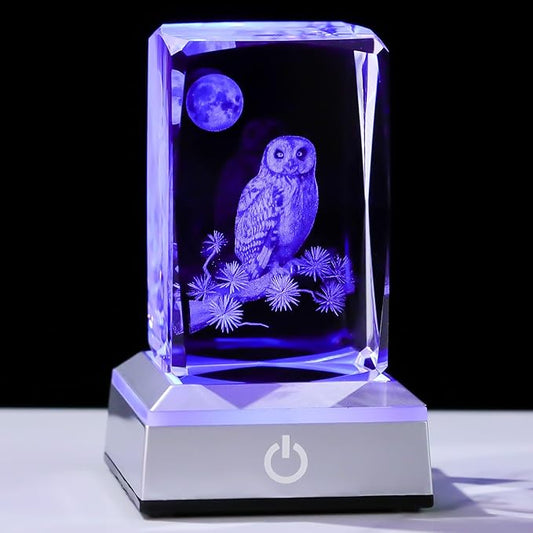 3D Laser Etched Crystal Owl Night Light - Color-Changing LED Base, K9 Crystal Paperweight & Home Decor Gift for Owl Lovers - 3.15inch