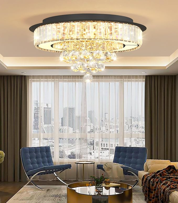 19.6" Black Modern Crystal Chandeliers for Dining Room LED Dimmable Light Fixtures Flush Mount Light Living Room Bedrooms