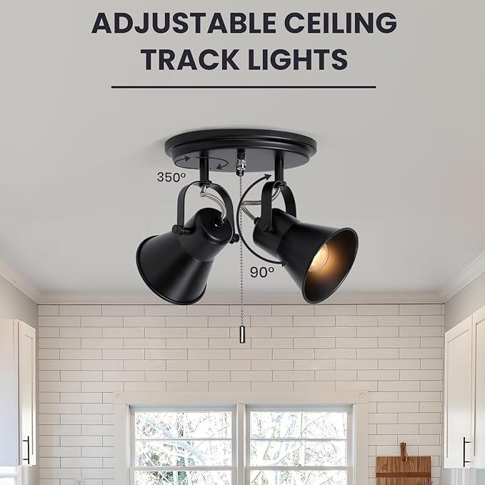 2-Light Black Track Lighting with Pull Chain, Industrial Adjustable Pull Chain Light Fixture Round Ceiling Light, Modern Flush Mount for Kitchen, Hallway, Dining Room