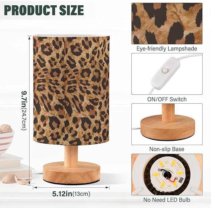 Bedside Table Lamp Leopard Vintage Animal Skin Print Nightstand Lamp with Wood Desk Lamps for Bedroom Living Room Nursery Office Home Decor