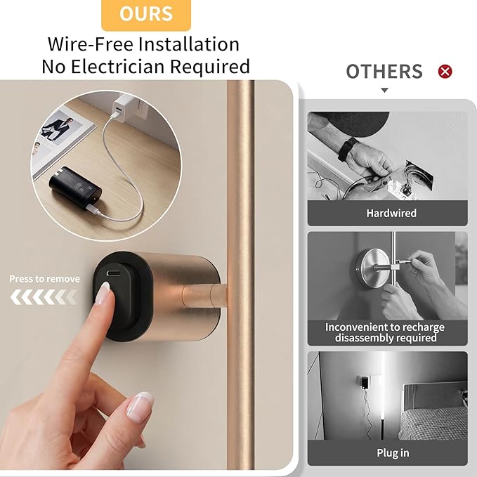 ONEWISH Battery Operated Wall Sconces Set of 2, 27.75" Rechargeable Wall Lights with Remote & Timer, 3-Color Dimmable Wireless Sconces for TV Wall Decor, Picture Light, Bedroom, Gold