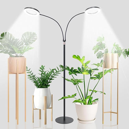 Grow Lights for Indoor Plants,Double Head Full Spectrum LED Plant Light with Stand,6 Dimmable Levels & 3 Lighting Modes, Auto On Off Timer 3/9/12H, 38-67 inches Adjustable Height, Black
