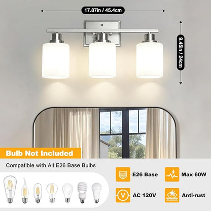 Unicozin 3-Light Bathroom Light Fixtures, Modern Brushed Nickel Vanity Light Over Mirror, Wall Sconces with Milky White Glass Shades for Living Room Bedroom Hallway E26 Base
