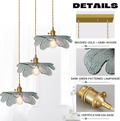 3-Light Flower Pendant Lamp Gold Dining Room Ceiling Pendant Light Fixtures with Dark Green Glass Leaf Shades, Cluster Pendant Light for Kitchen Bathroom Cafe Restaurant