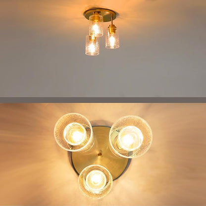 hykolity 3-Light Semi Flush Mount Ceiling Light, 9 Inch Gold Close to Ceiling Light Fixtures with Seeded Glass Shades, Modern Ceiling Lighting for Kitchen, Bedroom, Entryway, Hallway, ETL Listed