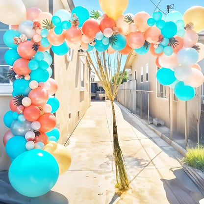 Aqua Blue Coral Pearl Balloon Garland Arch Kit,Coral Pearl Champagne Gold Teal Confetti Balloons Garland Kit for Summer Hibiscus Stickers for Tropical Hawaii Magic Theme Party Supplies