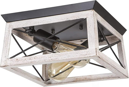 Luupyia 2Light Farmhouse Ceiling Light Fixture Semi Flush Mount, White Ceiling Light Rectangle Rustic Lighting Farmhouse Hallway Lights Fixtures Foyer Lighting for Entryway 11Inches, E26
