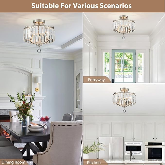 Brushed Nickel Crystal Semi Flush Mount Ceiling Light Fixture Modern Farmhouse Small Chandelier 3-Light Round Crystal Mini Chandelier for Dining Room Entryway Hallway Kitchen Bedroom Foyer